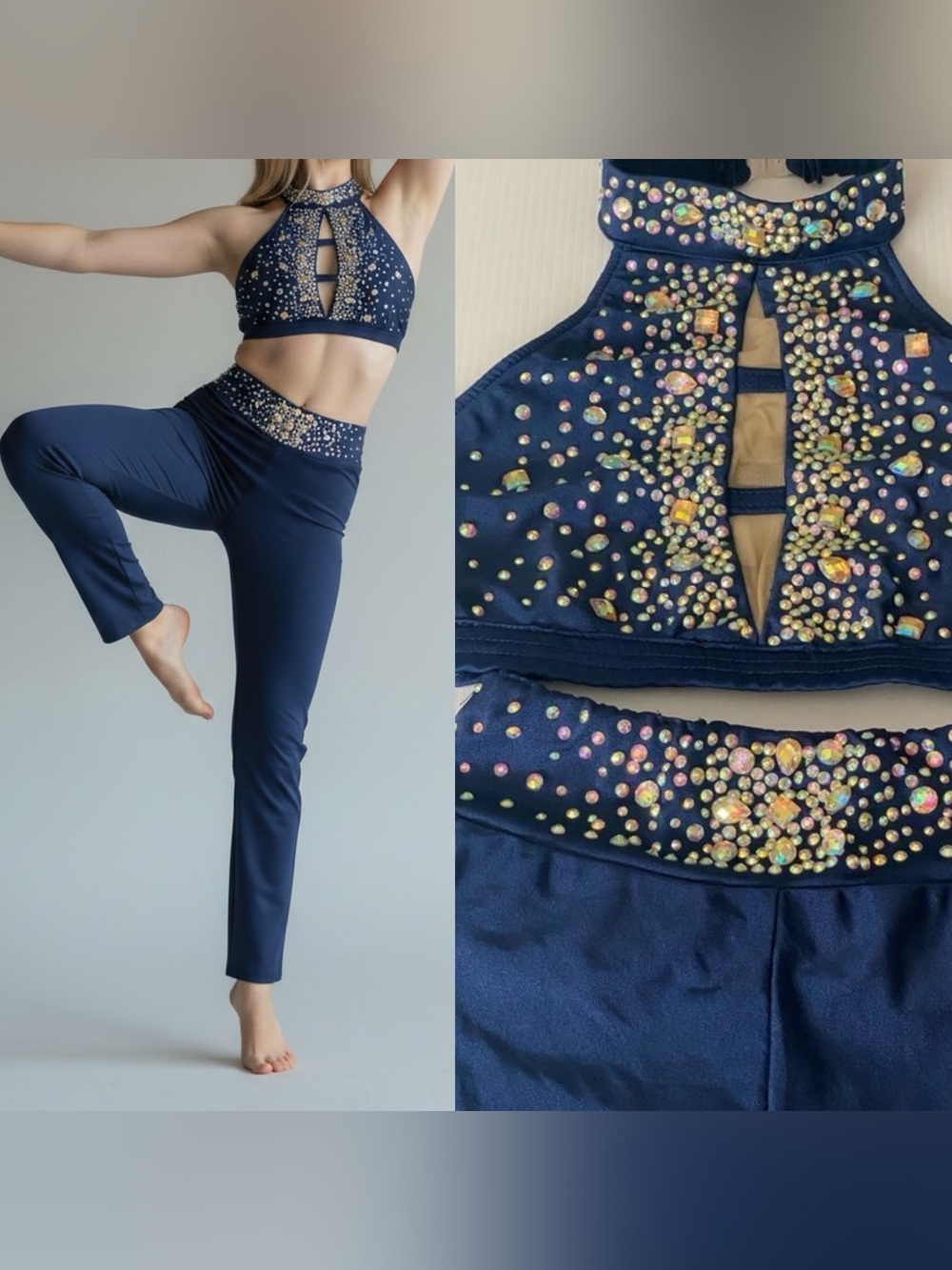 Glamour competition solo dance costume 2 piece navy blue jazz open pants top SA